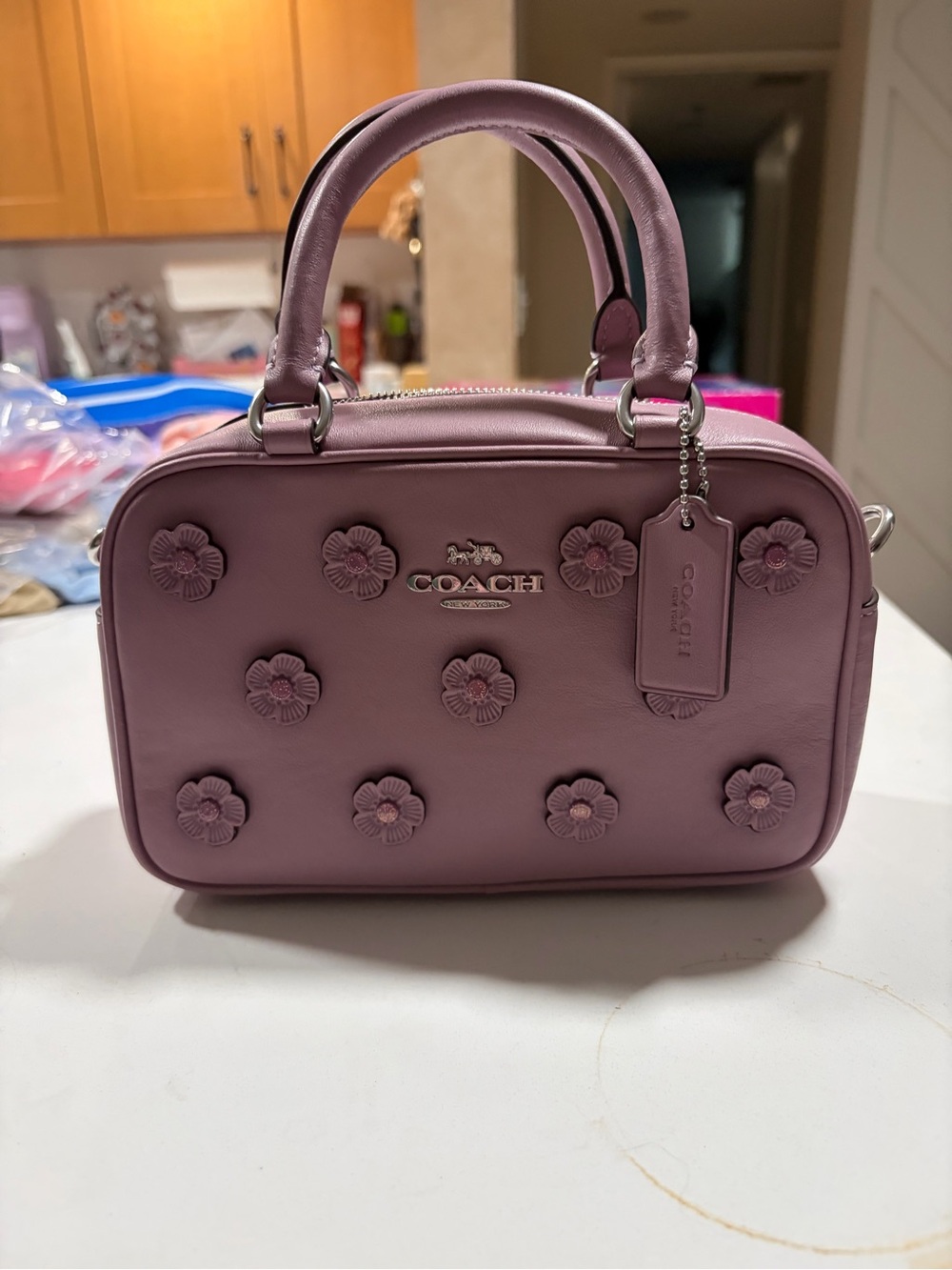 NWT Coach Satchel Crossbody Bag with Floral Applique Lilac Leather